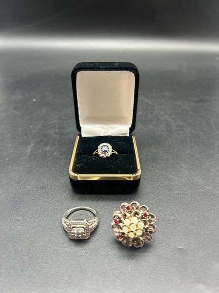 Lot of 3 Assorted Rings, Including Gold Tone Ring with Blue Stone, Size 7 image