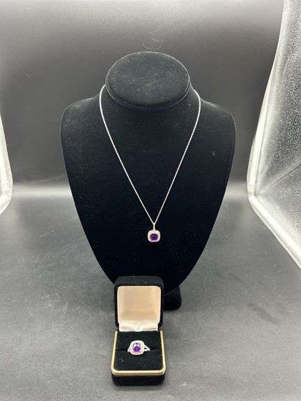 Sterling Silver Amethyst & Diamond Ring and Necklace Set image