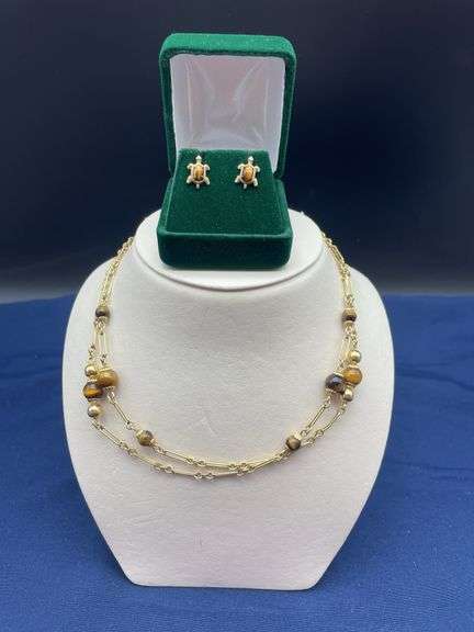 Gold Tone Necklace & Turtle Stud Earring Set image