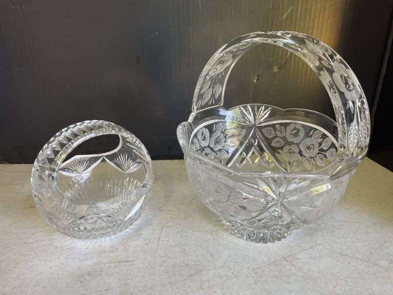 Two Etched Glass Basket Bowls