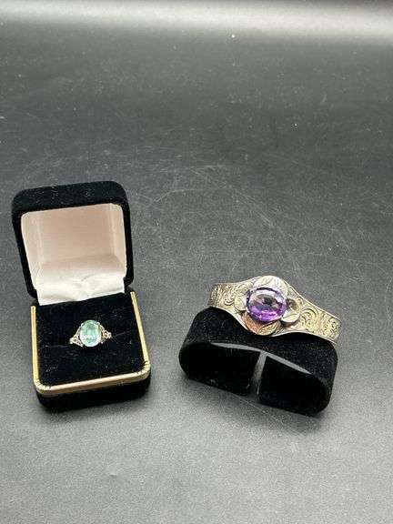 Silver Tone Bracelet with Purple Stone and Ring with Green Stone image