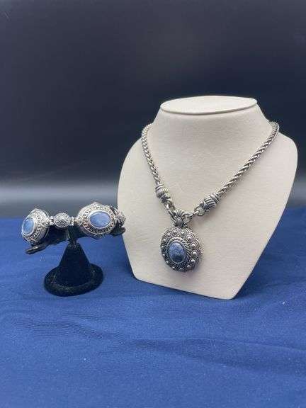 Silver Tone Necklace and Bracelet Set with Blue Stone Accents image