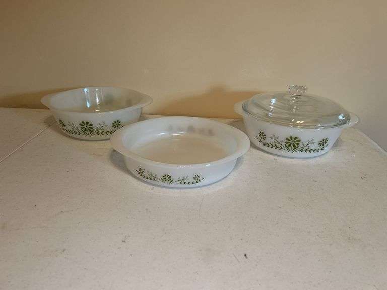 Glasbake 3-Piece Milk Glass Nesting Bowl Set - Green Floral Pattern image
