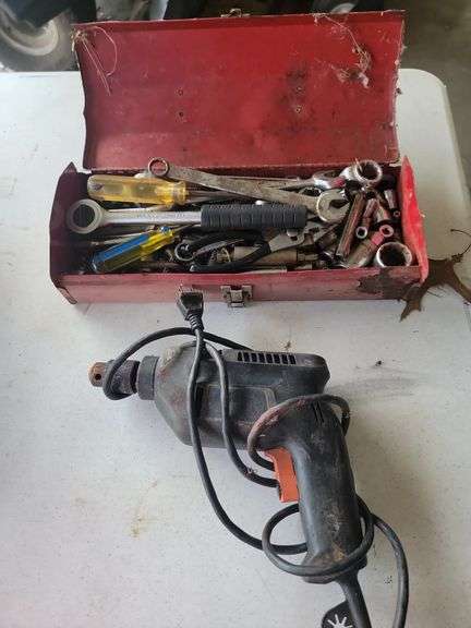Tool Lot: Metal Toolbox with Assorted Tools and Power Drill image