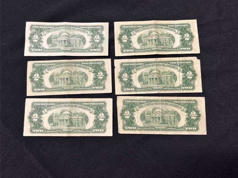 Lot of Six (6) Red Seal Two Dollar Bills