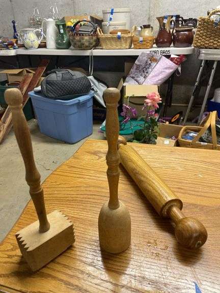 Wooden Kitchen Utensils: Meat Tenderizer, Masher, and Rolling Pin