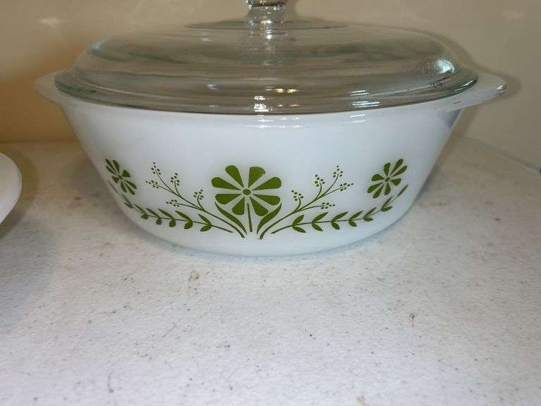 Glasbake 3-Piece Milk Glass Nesting Bowl Set - Green Floral Pattern