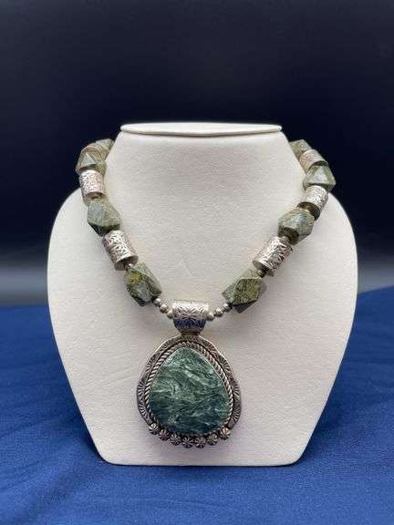 Sterling Silver and Serpentine Necklace with Large Pendant image