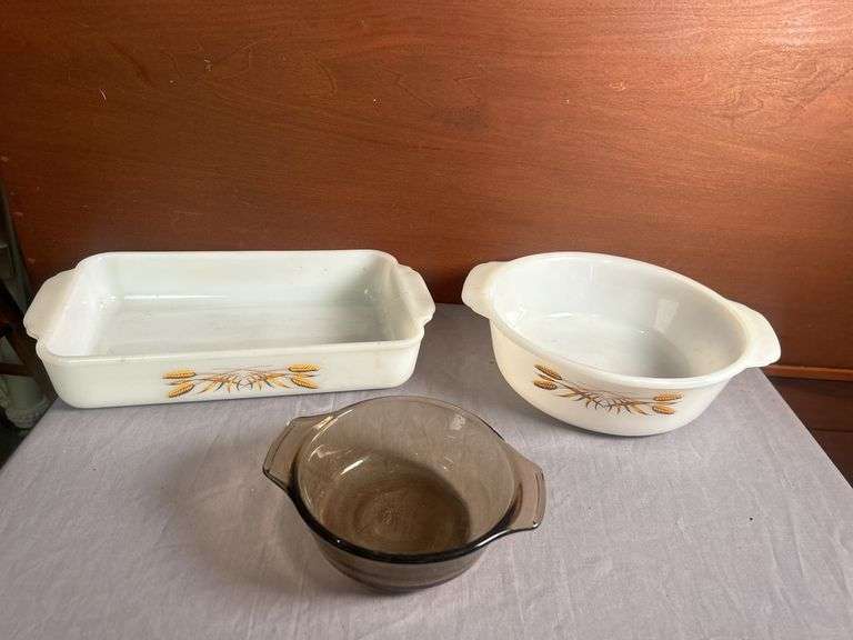 Three Vintage Style Milk Glass and Brown Glass Casserole Baking Dishes image