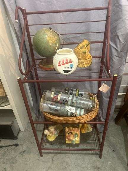 Metal Shelf with Collectibles: Globe, Planters, Derby Glasses image
