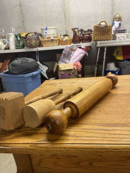 Wooden Kitchen Utensils: Meat Tenderizer, Masher, and Rolling Pin