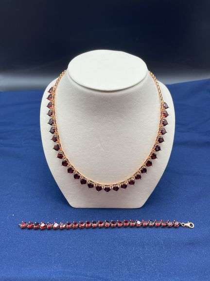 925 Sterling Silver Garnet Necklace and Bracelet Set image