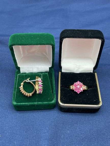 14K Gold Ring and Earring Set with Ruby and Diamond Accents image
