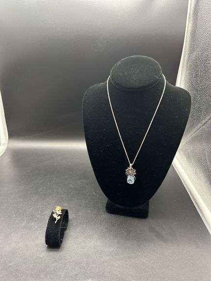Sterling Silver Necklace with Blue Stone Pendant and Rose Brooch image