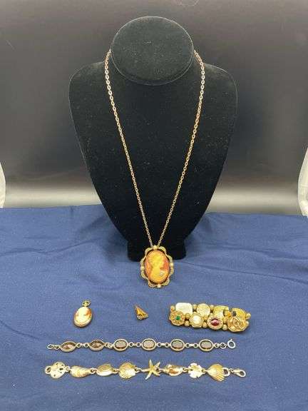 Mixed Lot of Costume Jewelry: Cameo Necklace, Bracelets, and Pins image