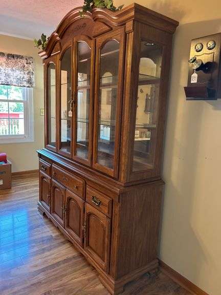 Ornate Oak Wood China Cabinet with Glass Display