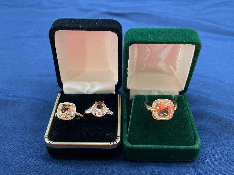 Lot of 3 Sterling Silver Peach Stone Rings - Sizes 6-8 image