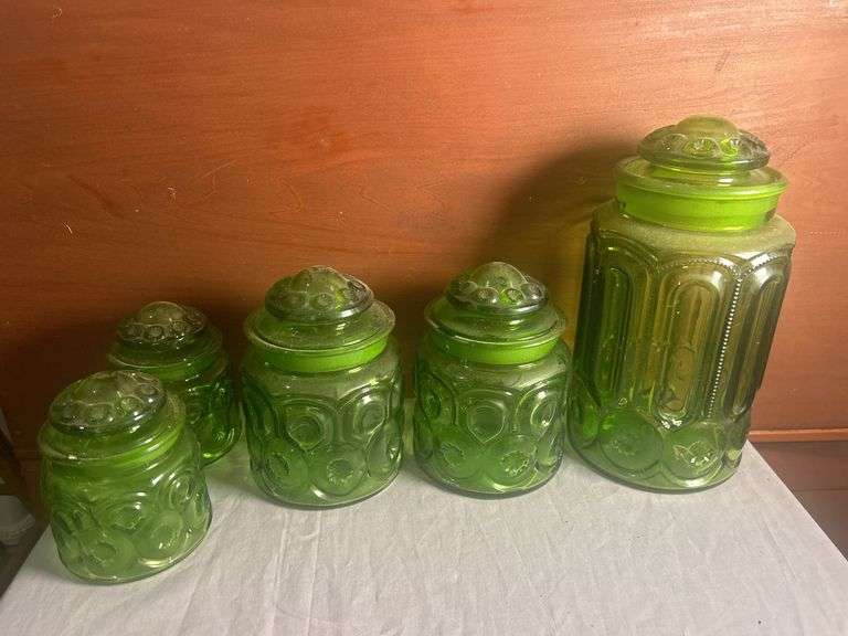 Set of 5 Green Glass Canisters with Lids image