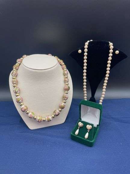 Two Necklace Sets: Floral Beaded and Pearl image