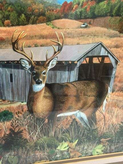 Framed Print by Steve St. Clair - Deer and Covered Bridge