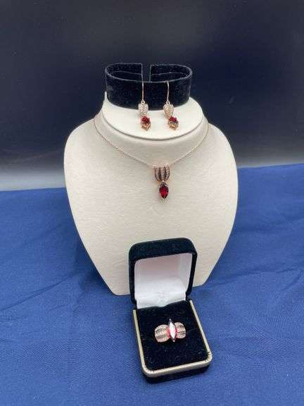 Rose Gold Tone Jewelry Set with Red Stone Accents image