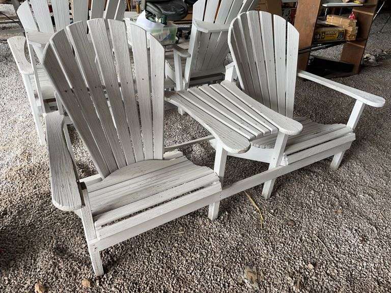 White Painted Wooden Adirondack Chairs and Bench image