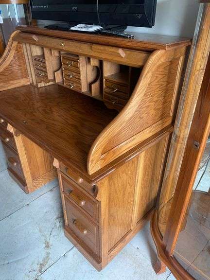 Oak Roll Top Desk with Multiple Drawers