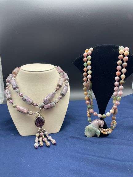 Two Beaded Necklaces with Stone Pendants image