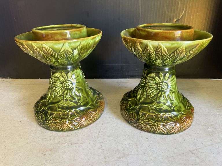 Pair of Sophia's Hallmark Green Ceramic Candle Holders with Floral Design