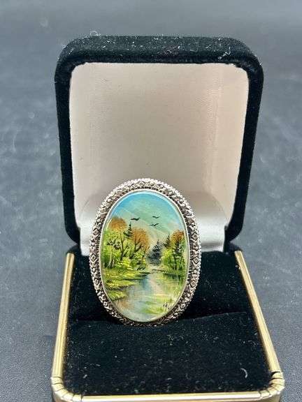 Sterling Silver 925 Hand Painted Landscape Ring - Size 9.5 image