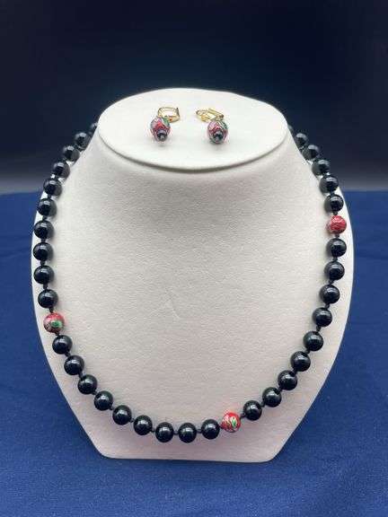 Black Bead Necklace and Matching Earrings Set image