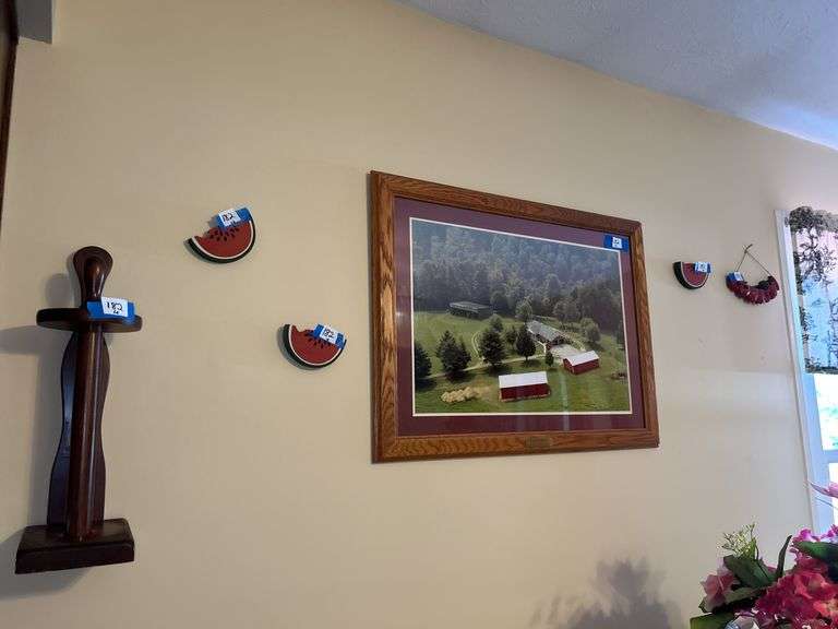 Framed Farm Aerial Photograph, Wooden Paper Towel Holder, and Watermelon Decorations image