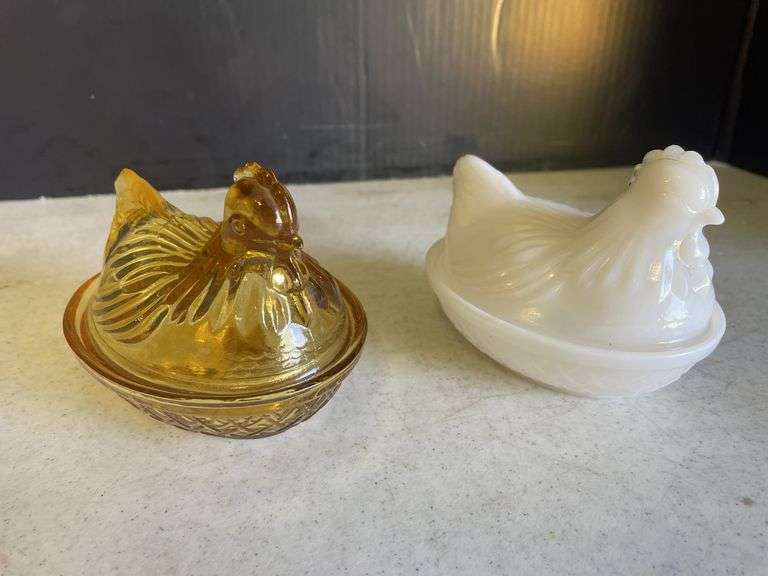 Set of Two Glass Chicken Covered Dishes