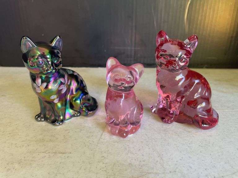 Fenton Art Glass Cat Figurines - Iridescent & Pink