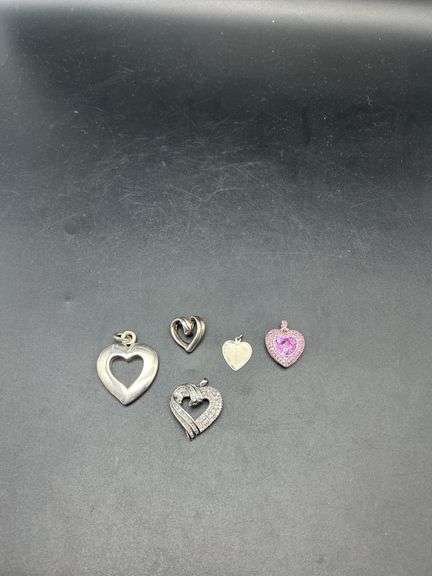 Five Heart-Shaped Pendants, Sterling Silver and Rhinestones image