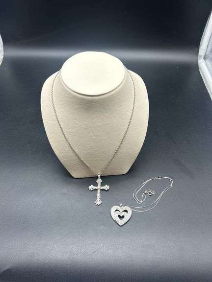 Sterling Silver (925) Cross and Heart Pendant Necklace Lot image