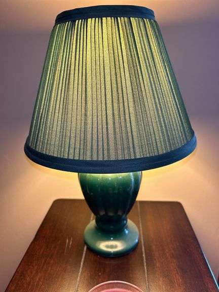 Dark Wood End Table with Candleberry Candle and Lamp