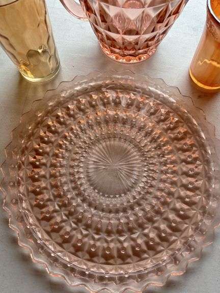 Pink Glass Diamond Cut Pitcher Set with Plate and Glasses