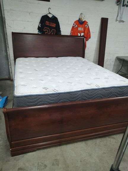 ASHLEY CHERRY FINISH KING SIZE SLEIGH BED - HEADBOARD WITH FOOTBOARD AND RAILS AND SLATS - BOX SPRINGS AND MATTRESS WILL BE GIVEN TO BUYER IF WANTED