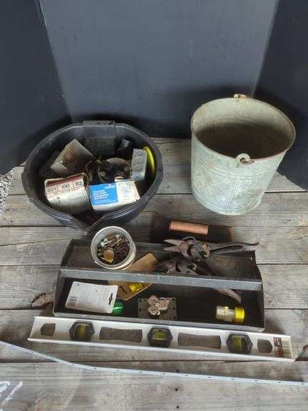 Assorted Hand Tools, Electrical Supplies, and Metal Bucket image