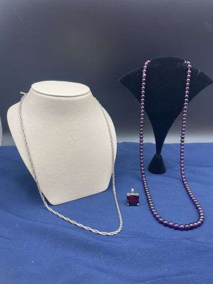 Purple Beaded Necklace and Silver Tone Pendant Necklace image