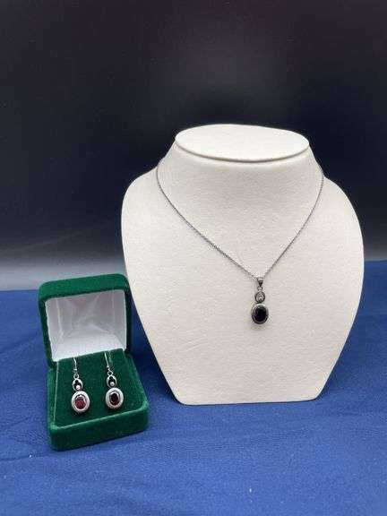 Silver Tone Red Stone Necklace and Earring Set image