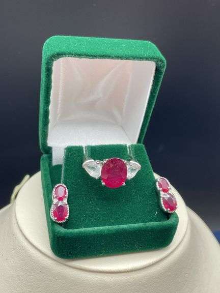 Sterling Silver Red Stone Ring and Earrings Set image