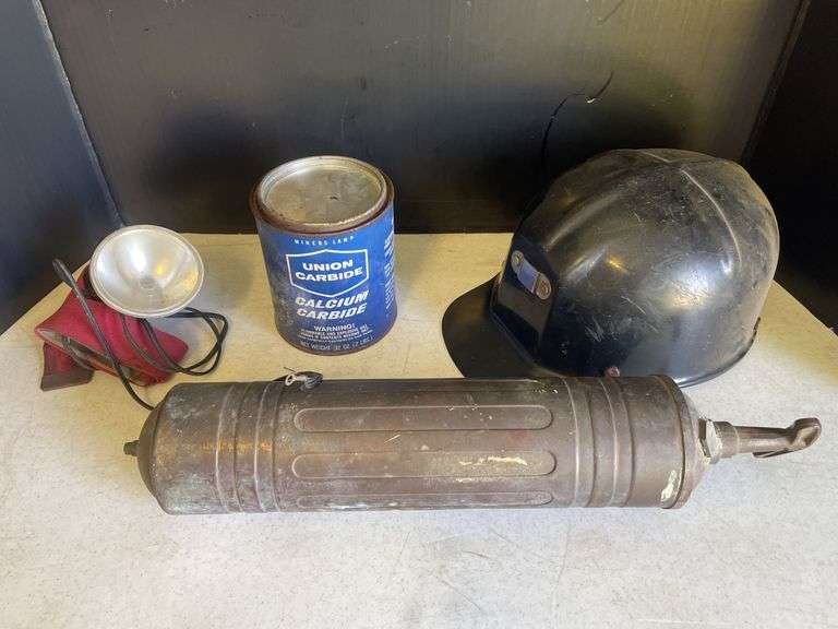 Miner's Lot: Safety Hat, Carbide Can, Lamp, and Pyrene Fire Extinguisher
