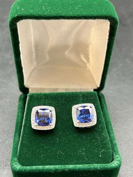 Pair of Blue Stone Stud Earrings with Sterling Silver Setting image