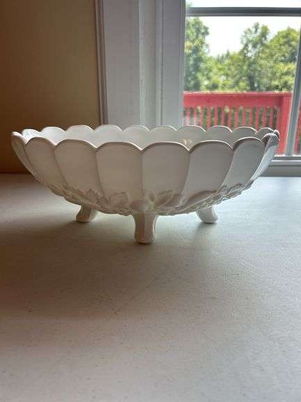 White Milk Glass Footed Bowl with Grape and Fruit Design image