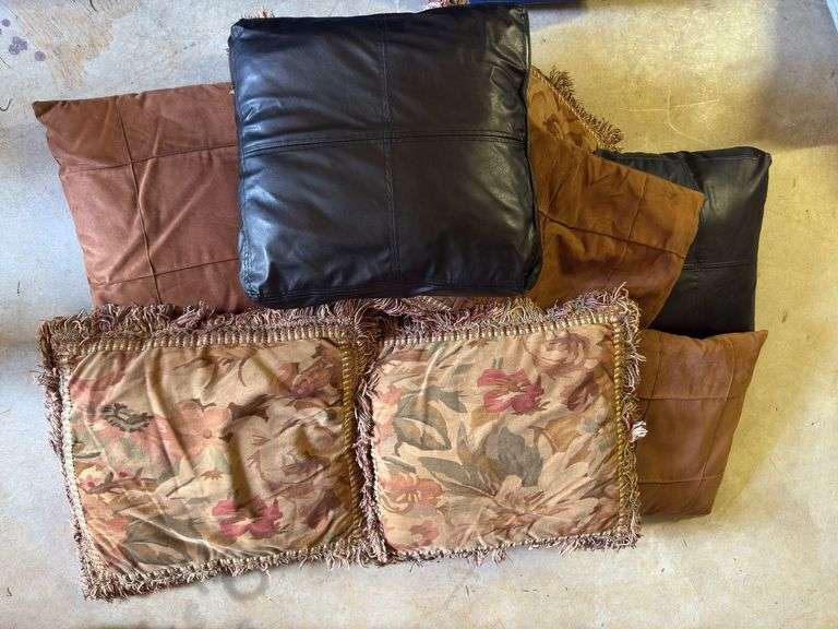 Assorted Decorative Throw Pillows - Leather, Suede, and Floral Set image