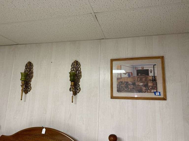 Assorted Decorative Items: Framed Artwork, Wall Sconces, and Horseshoe Decor image