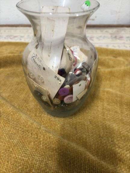 GLASS VASE FULL OF BUTTONS, PIN CUSHION image