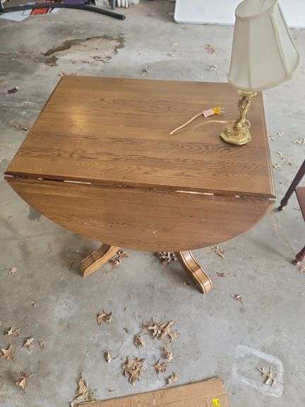 Drop Leaf Wood Table with Gold Tone Lamp image